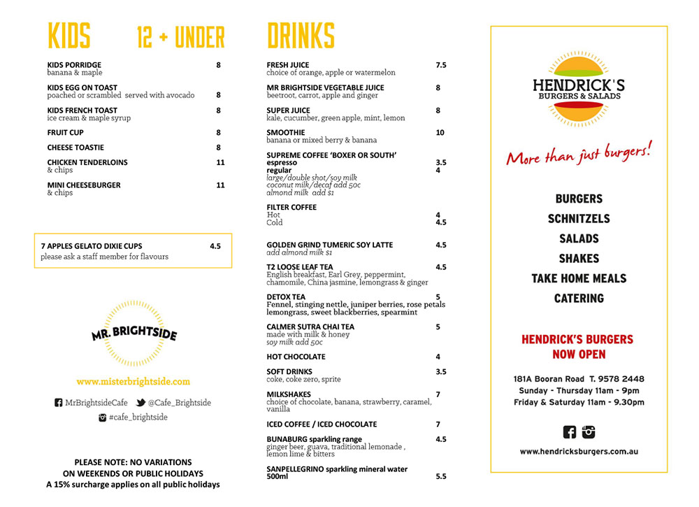 Mr Brightside Menu Mr Brightside Cafe 189A Booran Road Caulfield